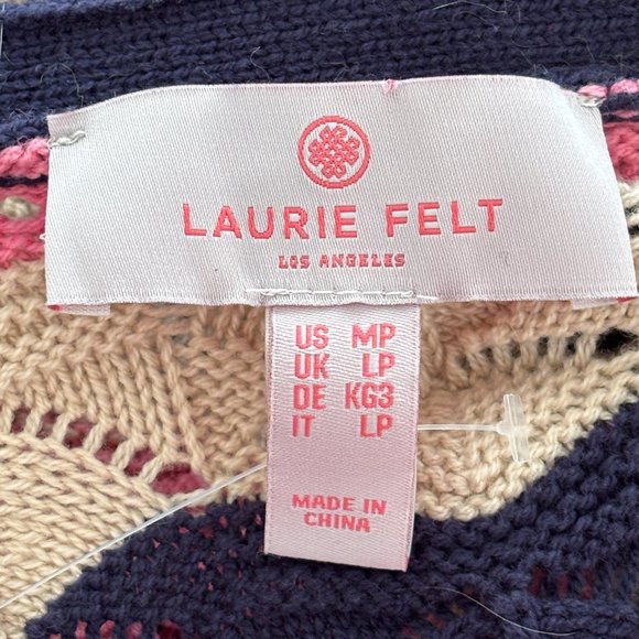 LAURIE FELT Pointelle Knit Belted Duster Cardigan  Navy Pink Beige SZ MP - Picture 10 of 13